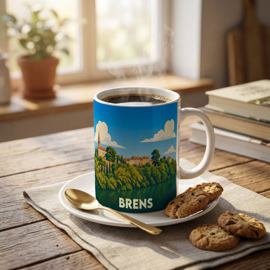 Mug souvenir de la ville de Brens orné d'une illustration stylisée d'un paysage fluvial.