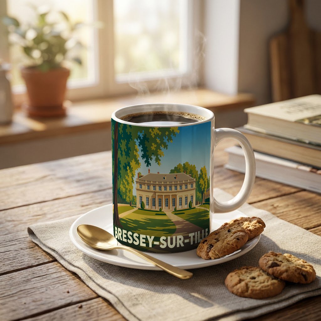 Mug souvenir de la ville de Bressey-sur-Tille avec une illustration stylisée d'une demeure bourgeoise.