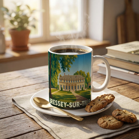 Mug souvenir de la ville de Bressey-sur-Tille avec une illustration stylisée d'une demeure bourgeoise.
