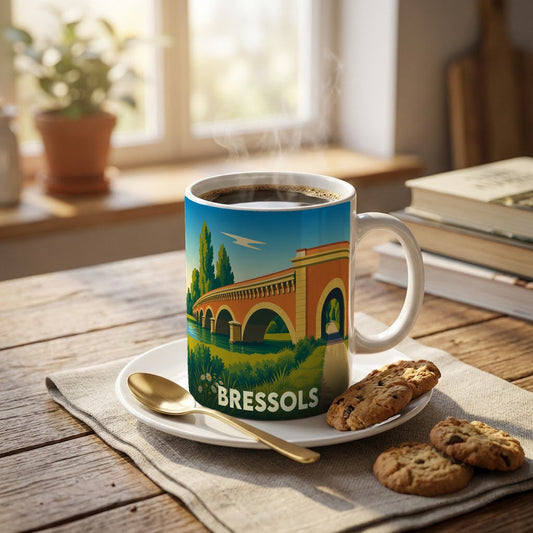 Mug souvenir de la ville de Bressols orné d'une illustration stylisée de son pont en briques rouges.