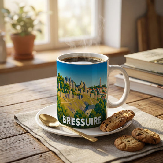 Mug souvenir de la ville de Bressuire avec une illustration stylisée.