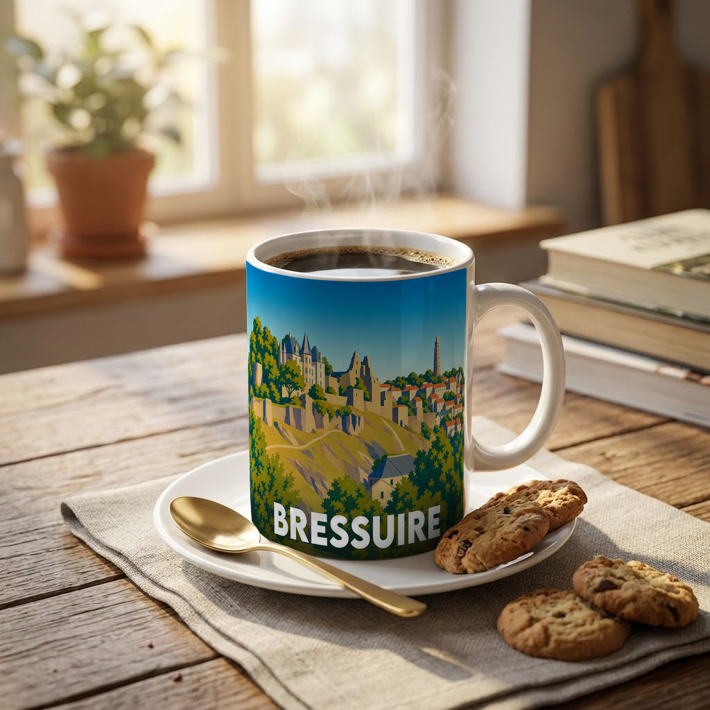 Mug souvenir de la ville de Bressuire avec une illustration stylisée.