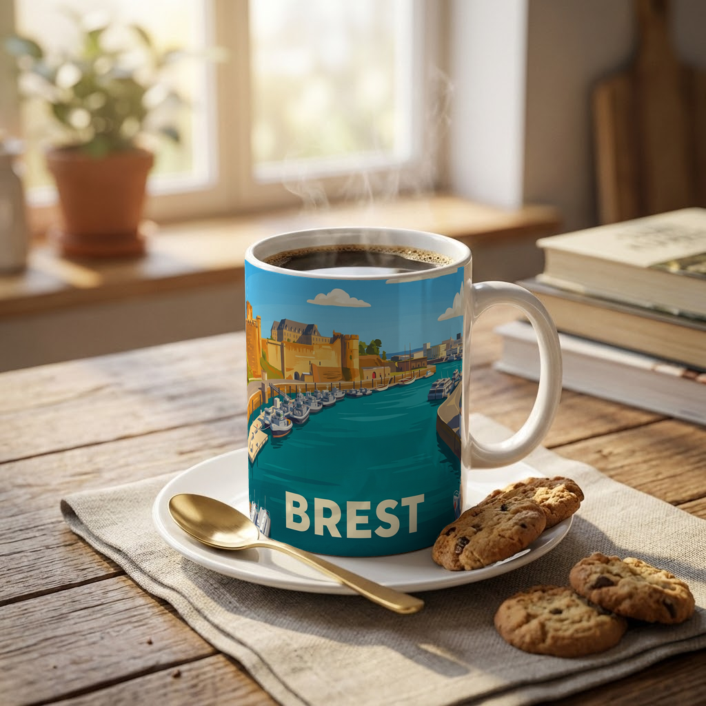 Mug souvenir de la ville de Brest avec une illustration stylisée de son port et de son château.