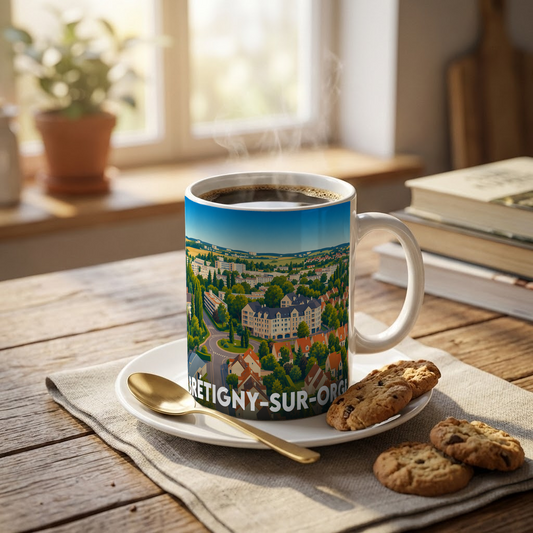 Mug souvenir de la ville de Brétigny-sur-Orge avec une illustration stylisée et colorée.