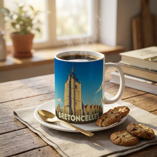 Mug souvenir de la ville de Bretoncelles orné d'une illustration stylisée de son église.