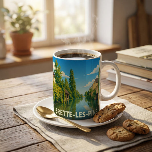 Mug souvenir de la ville de Brette-les-Pins illustré par un paysage de rivière calme et ensoleillé.