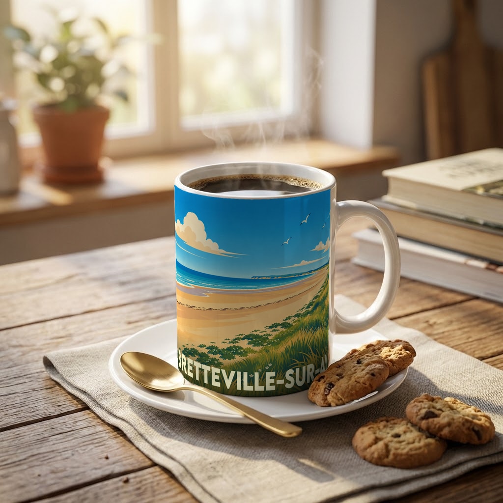 Mug souvenir de la ville de Bretteville-sur-Ay avec une illustration stylisée de sa plage.