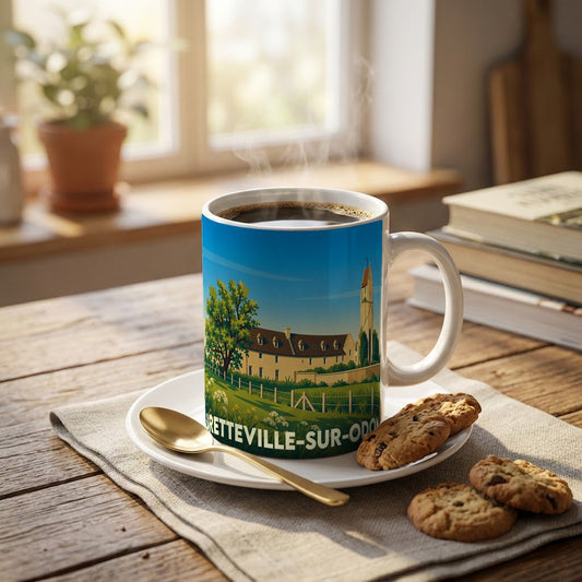 Mug souvenir de la ville de Bretteville-sur-Odon avec une illustration stylisée d'un paysage normand.