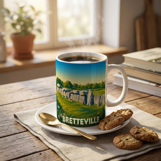 Mug souvenir de la ville de Bretteville orné d'une illustration stylisée de pierres mégalithiques dans un paysage verdoyant.