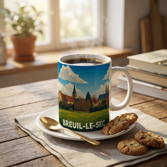 Mug souvenir de la ville de Breuil-le-Sec avec une illustration stylisée de son paysage urbain.