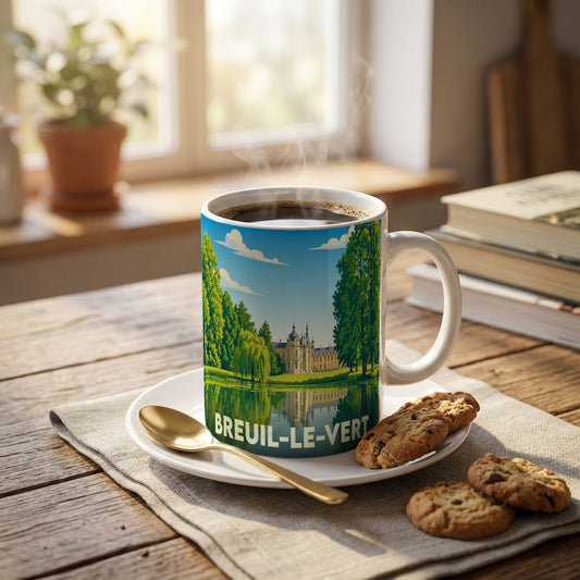 Mug souvenir de la ville de Breuil-le-Vert avec une illustration stylisée d'un château au bord de l'eau.