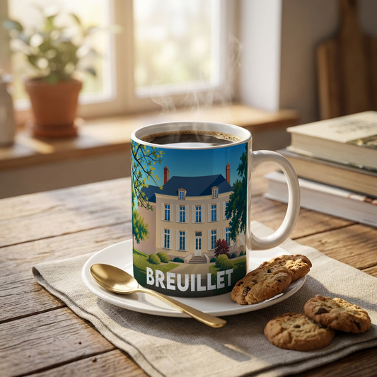 Mug souvenir de la ville de Breuillet avec une illustration stylisée d'une demeure bourgeoise.