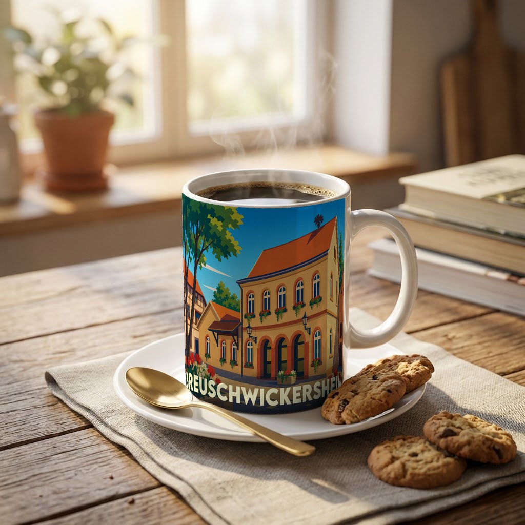 Mug souvenir de la ville de Breuschwickersheim avec une illustration colorée et stylisée de son architecture.