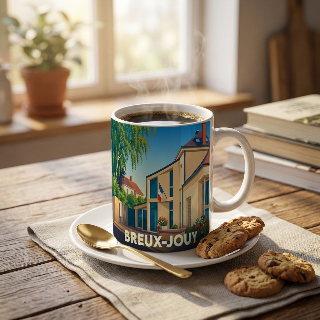 Mug souvenir de la ville de Breux-Jouy avec une illustration stylisée d'un bâtiment arborant un drapeau français.