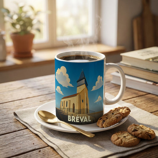 Mug souvenir de la ville de Bréval avec une illustration stylisée de son église.