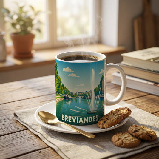 Mug souvenir de la ville de Bréviandes avec une illustration stylisée d'un parc avec jets d'eau.