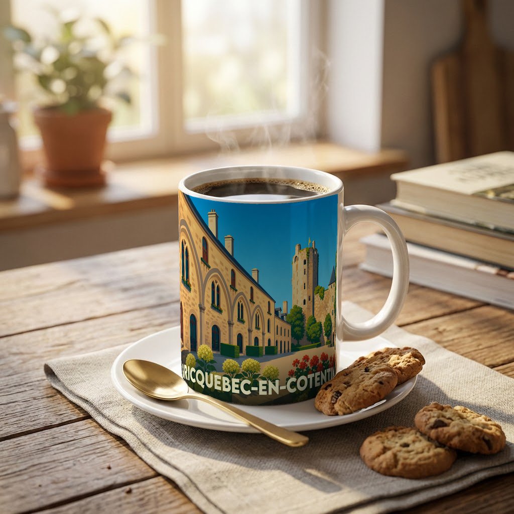 Mug souvenir de la ville de Bricquebec-en-Cotentin avec une illustration stylisée de son patrimoine architectural.