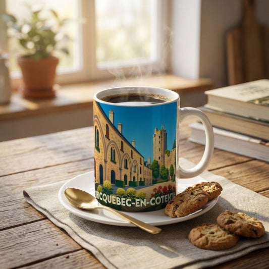 Mug souvenir de la ville de Bricquebec-en-Cotentin avec une illustration stylisée de son patrimoine architectural.