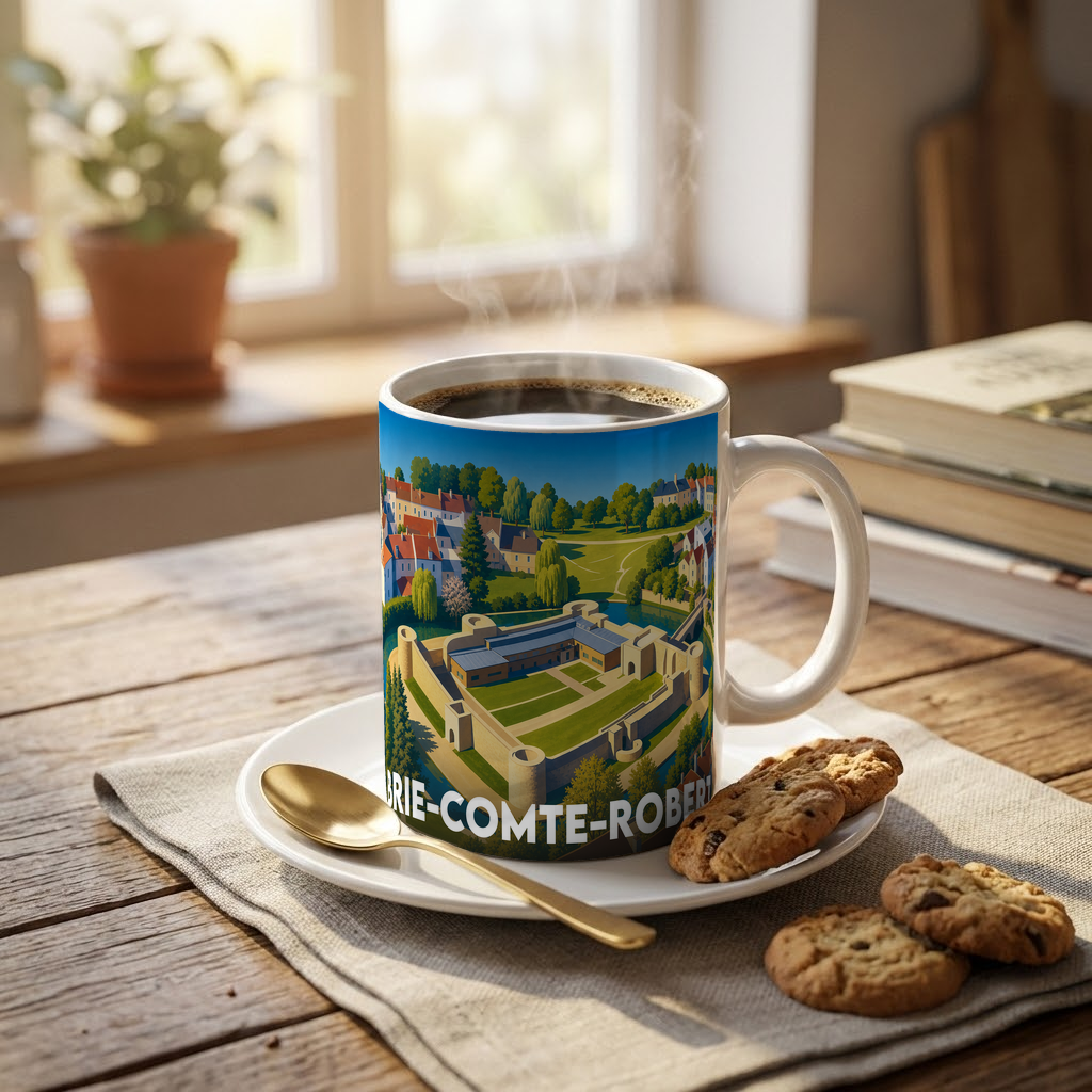 Mug souvenir de la ville de Brie-Comte-Robert avec une illustration stylisée.