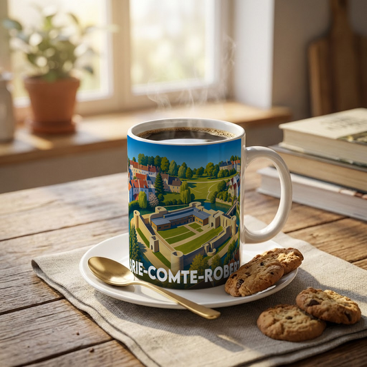 Mug souvenir de la ville de Brie-Comte-Robert avec une illustration stylisée.