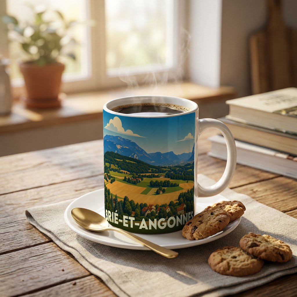 Mug souvenir de la ville de Brié-et-Angonnes avec une illustration de paysage rural et montagneux.