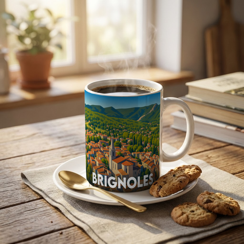 Mug souvenir de la ville de Brignoles avec une illustration stylisée du paysage urbain.