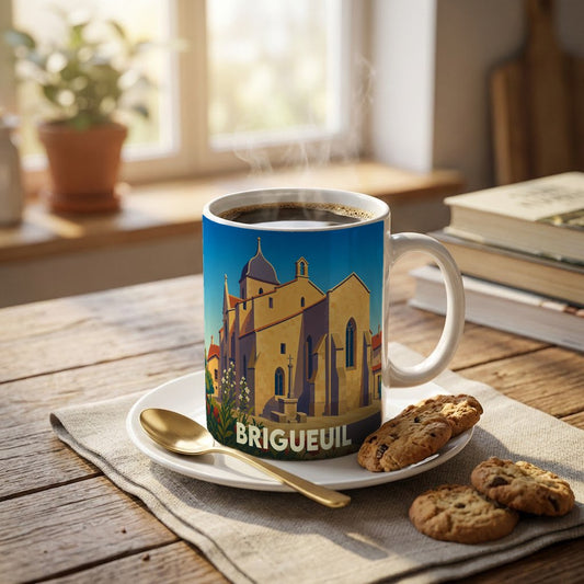 Mug souvenir de la ville de Brigueuil orné d'une illustration stylisée de son église.