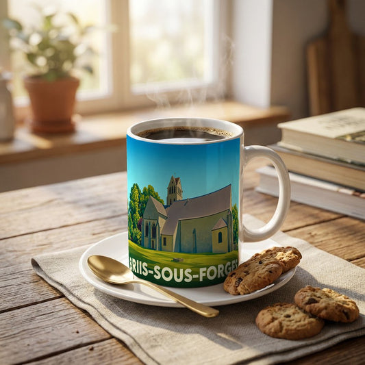 Mug souvenir de la ville de Briis-sous-Forges illustré d'un paysage coloré représentant son église.