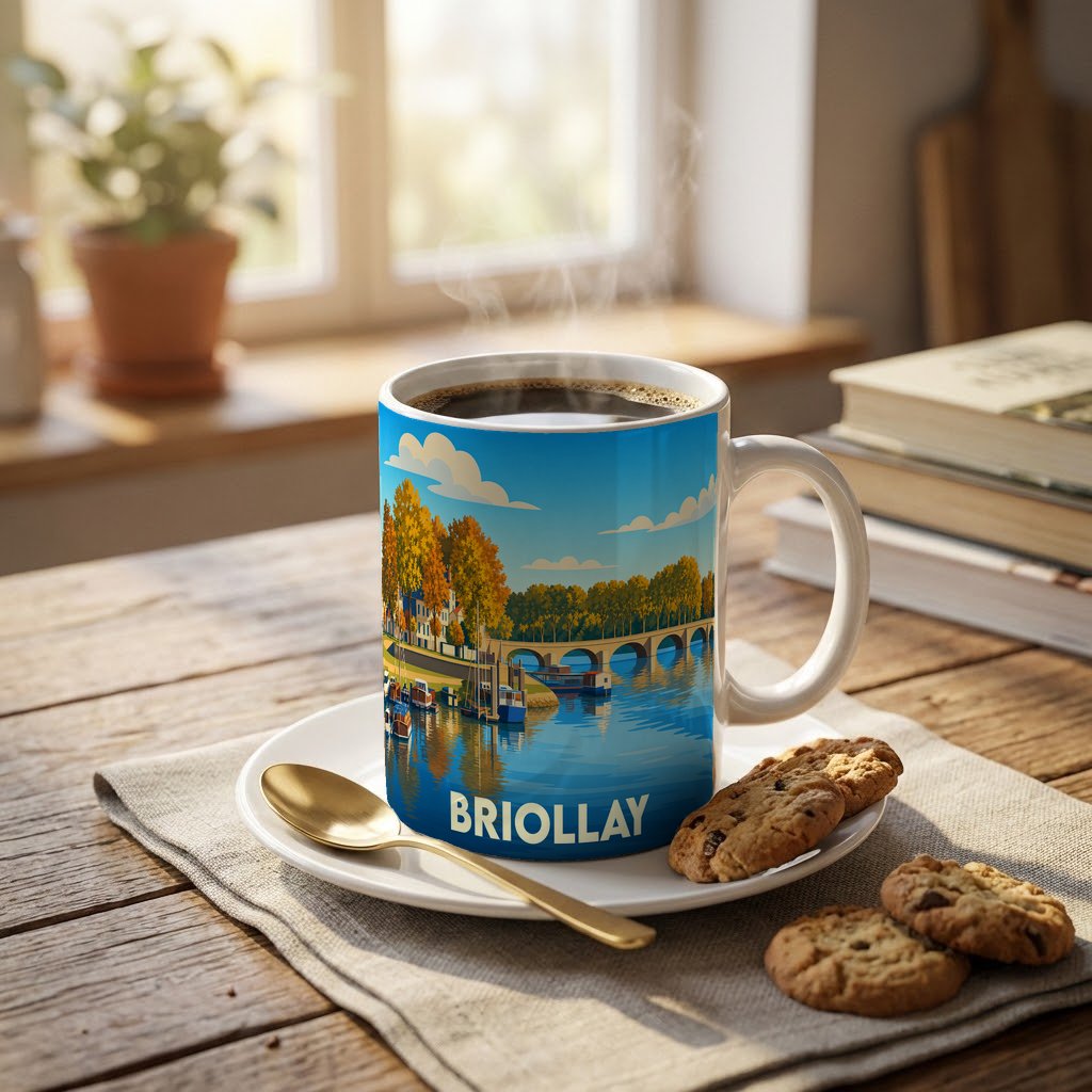 Mug souvenir de la ville de Briollay orné d'une illustration stylisée de ses bords de Sarthe.