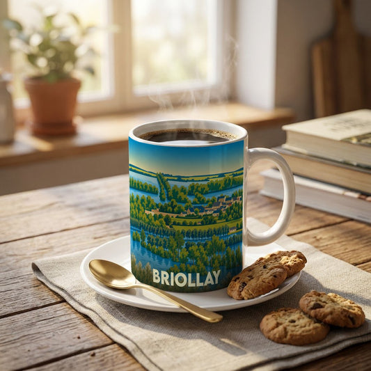 Mug souvenir de la ville de Briollay illustré d'un paysage de rivières et de verdure.