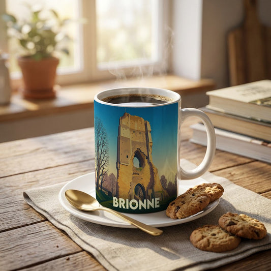 Mug souvenir de la ville de Brionne illustré par un dessin stylisé de son donjon historique.