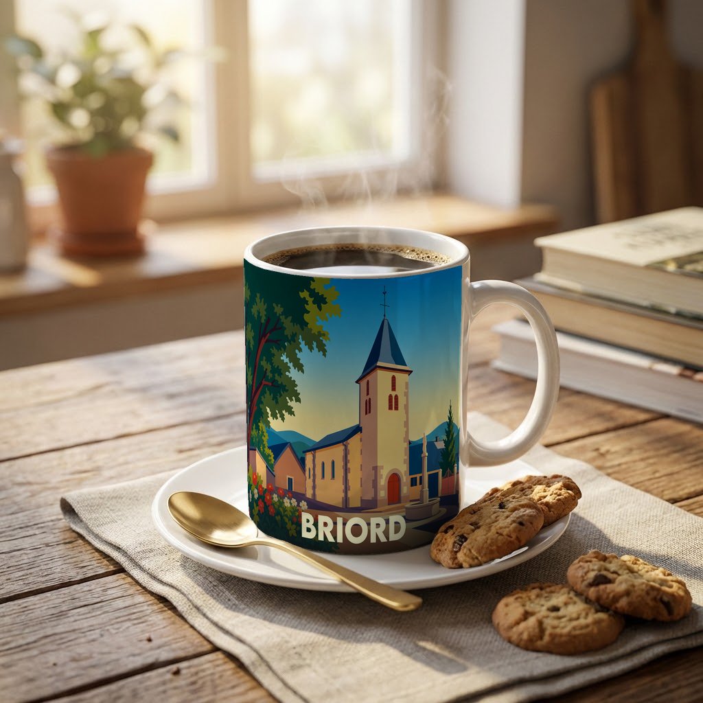 Mug souvenir de la ville de Briord orné d'une illustration stylisée de son église.