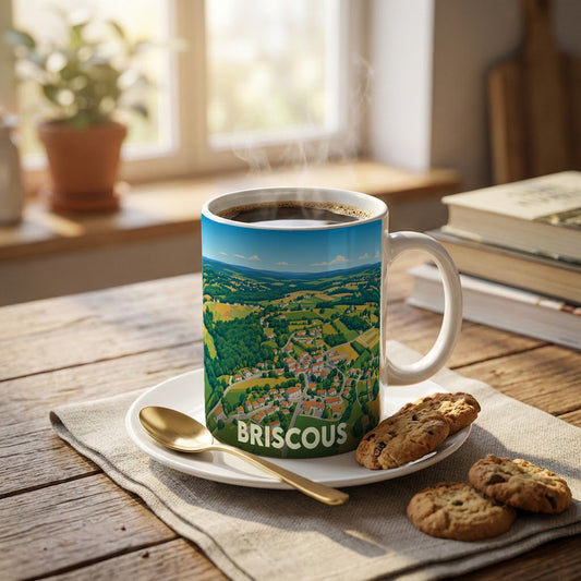 Mug souvenir de la ville de Briscous orné d'une illustration panoramique et stylisée de ses paysages.