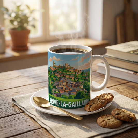 Mug souvenir de la ville de Brive-la-Gaillarde avec une illustration stylisée.