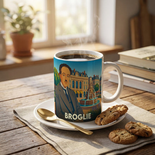 Mug souvenir de la ville de Broglie orné d'un portrait illustré et d'un paysage urbain.
