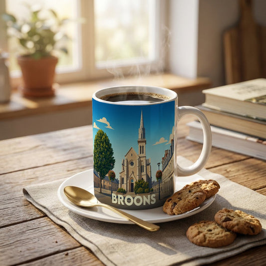 Mug souvenir de la ville de Broons avec une illustration stylisée de son église.
