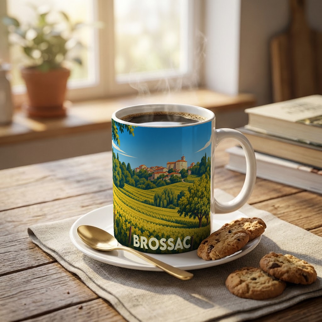 Mug souvenir de la ville de Brossac avec une illustration de paysages vallonnés et de vignes.