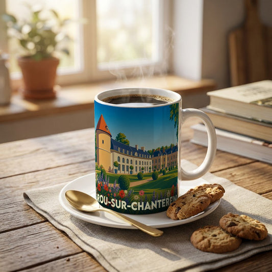 Mug souvenir de la ville de Brou-sur-Chantereine avec une illustration stylisée de son château.