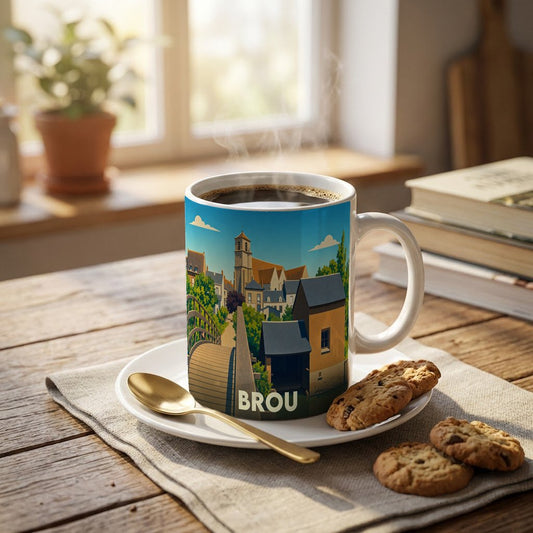 Mug souvenir de la ville de Brou orné d'une illustration stylisée du centre historique.