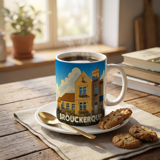 Mug souvenir de la ville de Brouckerque avec une illustration stylisée d'un bâtiment typique.