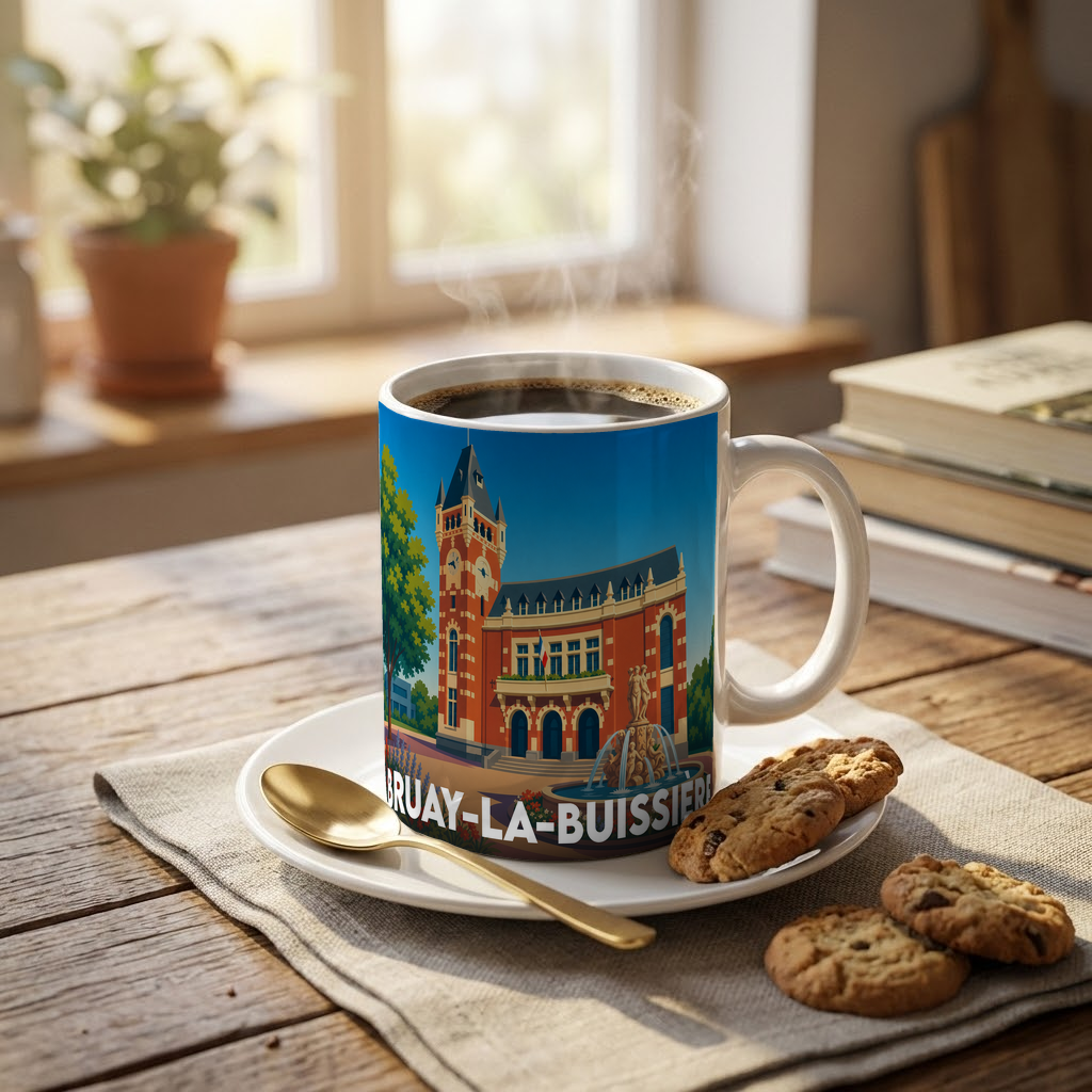 Mug souvenir de la ville de Bruay-la-Buissière illustré par son hôtel de ville stylisé.