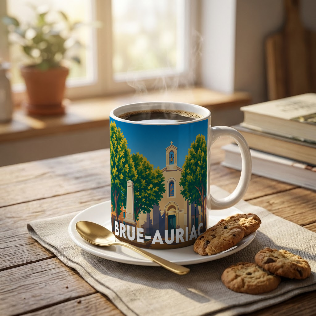 Mug souvenir de la ville de Brue-Auriac avec une illustration stylisée.