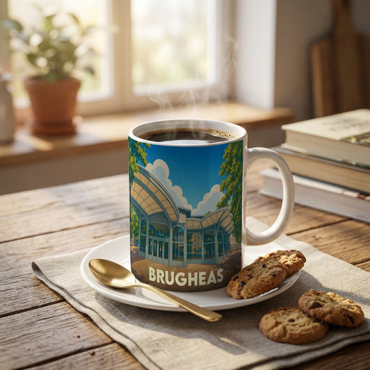 Mug souvenir de la ville de Brugheas orné d'une illustration stylisée du kiosque.