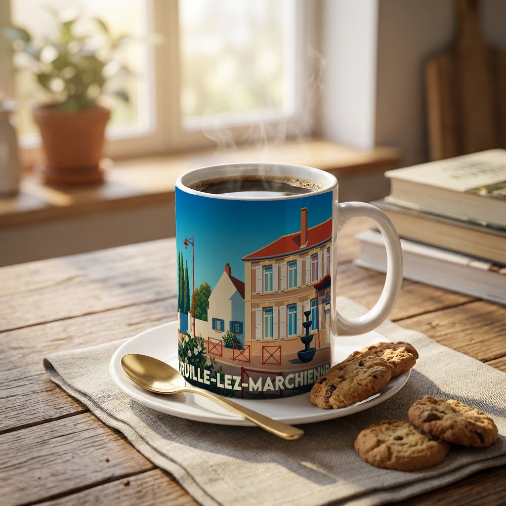 Mug souvenir de la ville de Bruille-lez-Marchiennes orné d'une illustration stylisée du centre-ville.