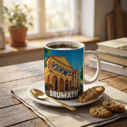 Mug souvenir de la ville de Brumath avec une illustration stylisée de son hôtel de ville.