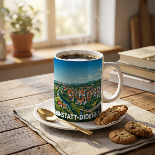 Mug souvenir de la ville de Brunstatt-Didenheim avec une illustration panoramique stylisée.
