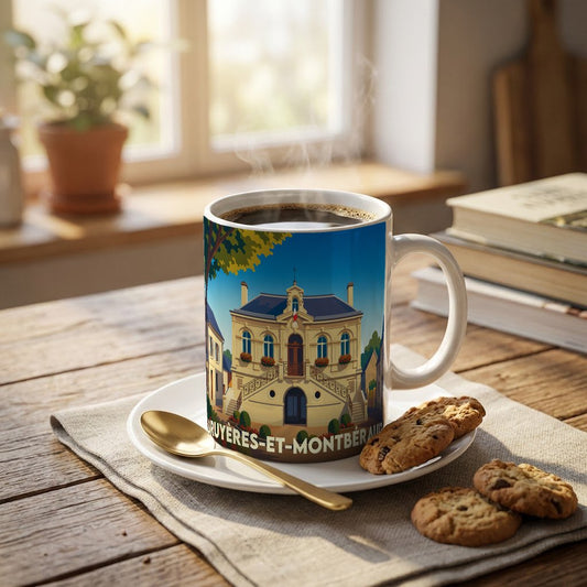 Mug souvenir de la ville de Bruyères-et-Montbérault illustré d'un dessin stylisé de son hôtel de ville.