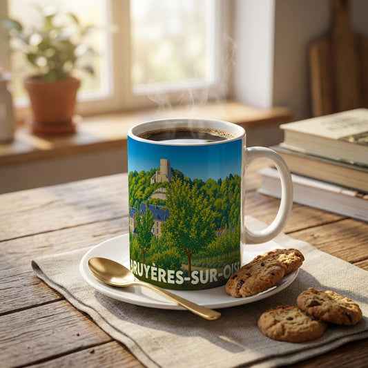 Mug souvenir de la ville de Bruyères-sur-Oise illustré d'un paysage verdoyant et d'un château.