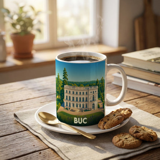 Mug souvenir de la ville de Buc illustré d'un château néoclassique dans un écrin de verdure.