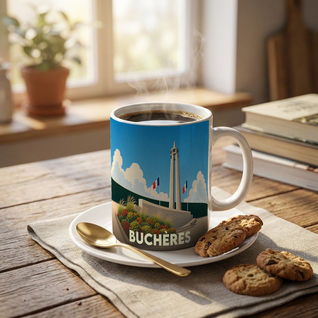 Mug souvenir de la ville de Buchères illustré par son monument aux martyrs.
